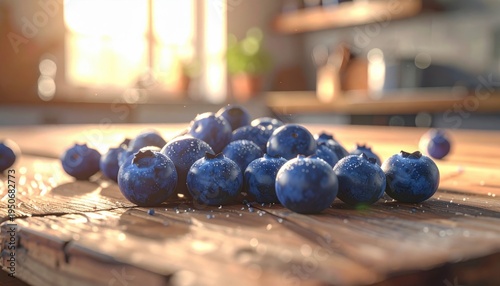 Wallpaper Mural A bounty of freshly picked blueberries, deep blue and dusted with natural bloom, sitting on a rustic wooden table in a sunlit kitchen. Torontodigital.ca