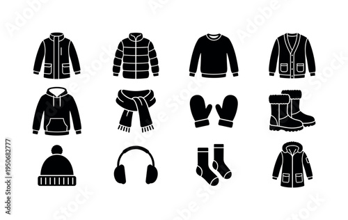 Winter coat jacket icon, puffer jacket silhouette, wool sweater icon, knitted cardigan symbol, hoodie sweatshirt icon, winter