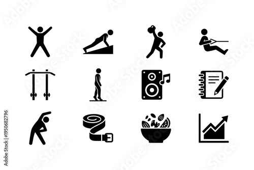 Collection of fitness and health icons representing exercise, nutrition, and progress