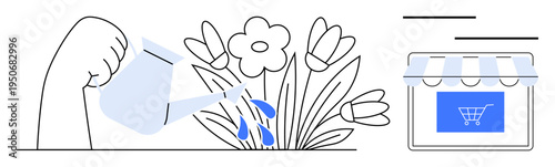 Business growth, e-commerce, online shopping, nature care, sustainability, entrepreneurship. A hand waters blooming flowers while a digital shopping cart icon appears. Growth and e-commerce concept