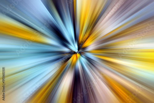Abstract surface of blur radial zoom in blue, yellow, orange and purple tones. Dynamic motion, vibrant color streaks and energetic light create a modern conceptual background.