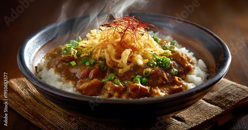 Steaming Japanese curry rice bowl with crispy fried onions and vibrant chili threads.
