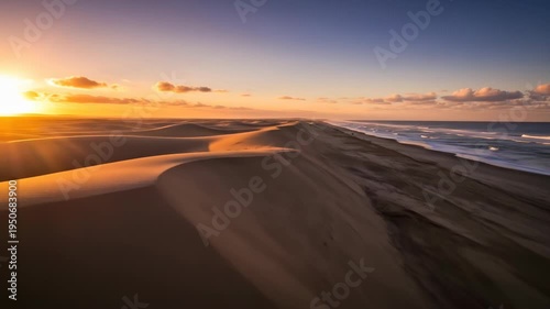 A serene desert landscape at sunset featuring vast sand dunes