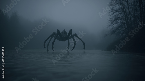 Scary Spider Monster in Foggy Water, Dark Horror Landscape with Eerie Atmosphere