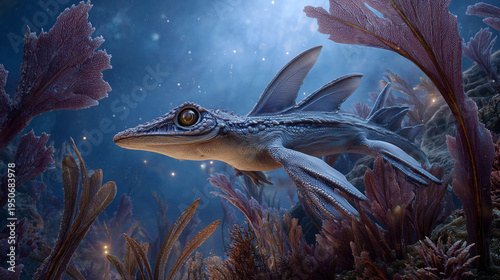 A Mysterious Alien Sea Creature Gliding Through a Luminous Underwater World Filled with Strange Flora and Silent Wonder