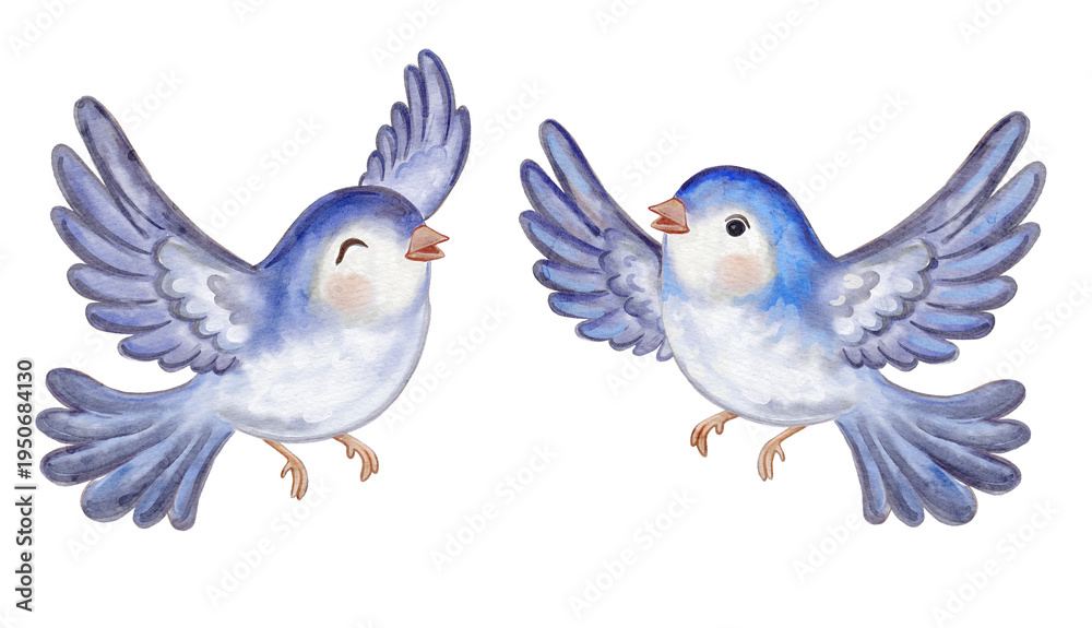 Fototapeta premium Watercolor set of flying blue birds. Hand-painted cute characters with wings spread, isolated on white background. Perfect for nature-themed design, nursery art, and cards