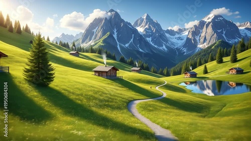 A serene mountain landscape with a winding path through green hills, wildflowers, and trees, leading to wooden cabins, a pond, and majestic snow-capped mountains
