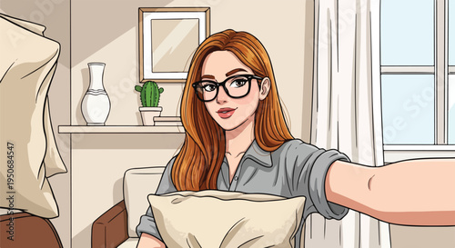 Young woman with long red hair and glasses taking a selfie with a pillow in a cozy room, looking at camera on transparent background. on transparent background