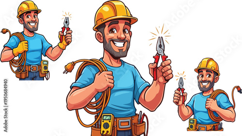 Smiling cartoon male electrician confidently holding pliers and an electrical cable, wearing a hard hat and tool belt on transparent background. on transparent background