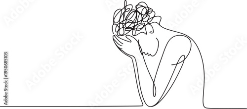 Single line drawing of a person holding their head in despair
