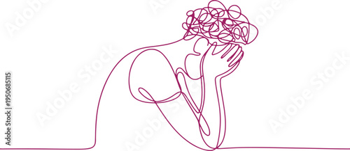 Person in distress with head in hands single line drawing