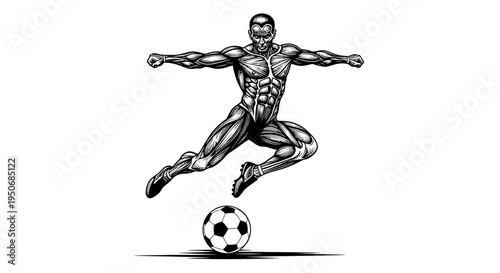 a dynamic illustration of a muscular anatomical man kicking a soccer ball showcasing human anatomy and athletic performance in sports.