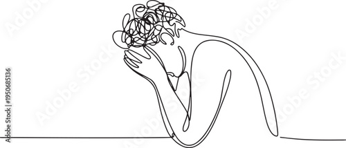 Person Holding Head in Hands Continuous Line Drawing