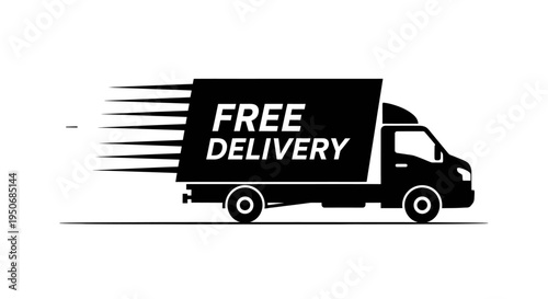 a fast moving delivery truck silhouette with free delivery text symbolizing quick shipping and e-commerce logistics