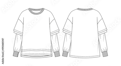a fashion flat sketch of a womens casual layered long sleeve top with ribbed cuffs and hem for apparel design.