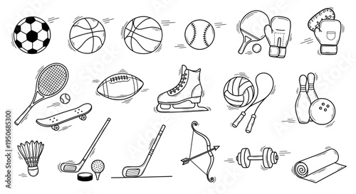 a comprehensive hand-drawn collection of sports equipment and active lifestyle items ideal for fitness healthy living and recreation concepts.