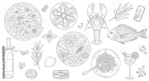 a comprehensive line art vector illustration showcasing a variety of italian and mediterranean food fresh ingredients and drinks.