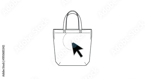 a computer mouse cursor clicking on a blank tote bag symbolizing online design and personalized fashion e-commerce