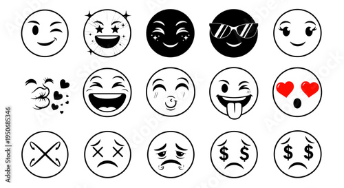 a diverse collection of black and white emoji icons and communication symbols representing various human emotions for digital design.