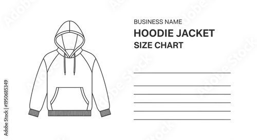 a detailed line art illustration of a blank hoodie jacket presented next to a custom size chart template for apparel branding and fashion design concepts.