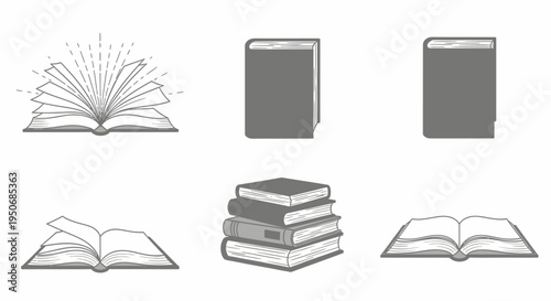 a diverse collection of book illustrations showcasing open books closed books and a stack ideal for education and learning.