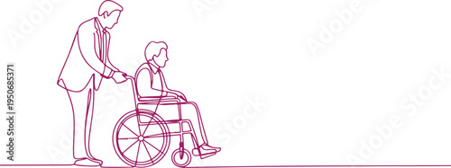 Single line drawing of a man pushing a woman in a wheelchair in magenta