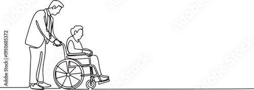 Single line drawing of a man pushing a woman in a wheelchair