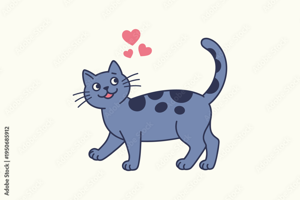 Obraz premium Blue cartoon cat with pink hearts walking kitten animal