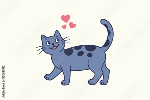 Blue cartoon cat with pink hearts walking kitten animal