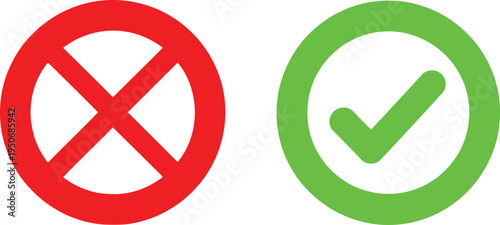 A pair of simple graphic icons representing a red cross for prohibition and a green tick for yes Vector