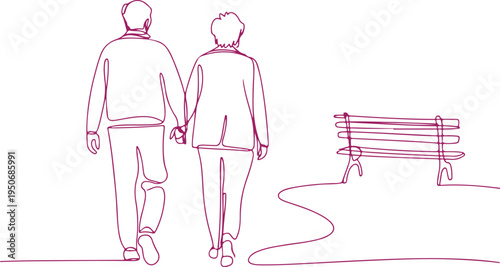Couple Holding Hands Walking in Park Purple Line Art