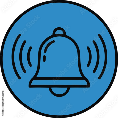 A simple flat design icon of a ringing bell centered inside a bright blue circular background shape Vector