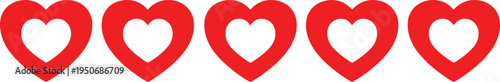 A horizontal row of five bright red outlined heart shapes isolated against a clean white background Vector