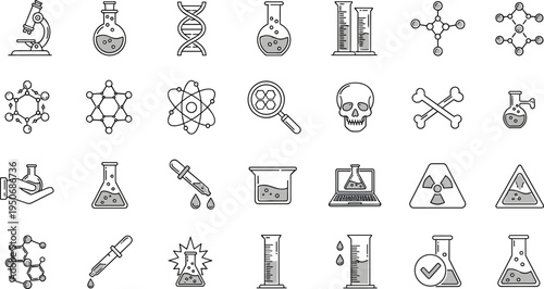Science Lab Icon Set featuring Microscope, DNA Helix, Test Tubes, Chemical Flasks, Molecules, Atom, Dropper, Beaker, Radiation Sign, and Research Equipment