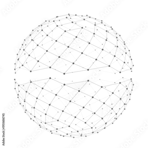 Abstract wireframe dome sphere built from plexus lines and connected nodes, isolated on white background.