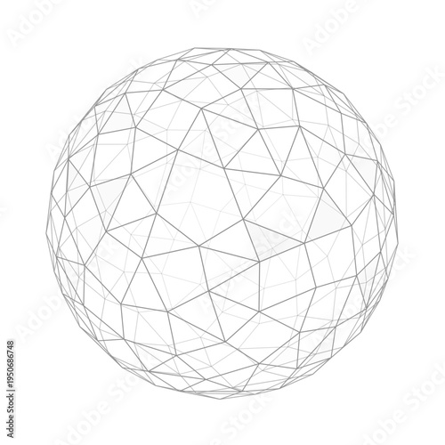 Light gray abstract polygon sphere with airy triangular mesh and soft geometric depth on white background.