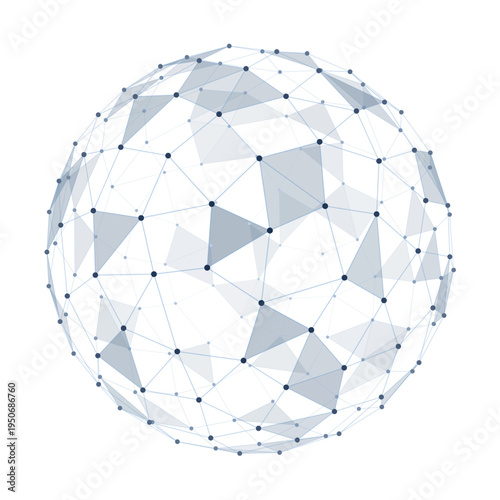 Blue low poly sphere composed of geometric triangular facets and plexus mesh, isolated on white background.