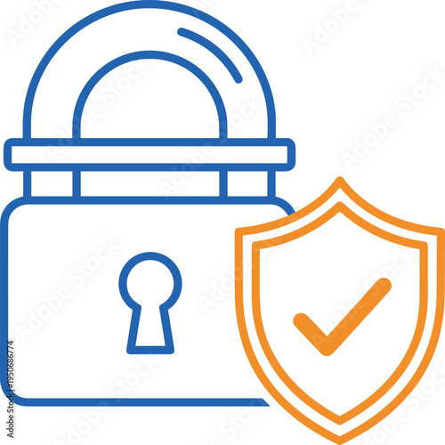 Security lock and shield icon, cyber safety symbol, data protection, privacy concept, digital security, verified access, network firewall, line illustration.
