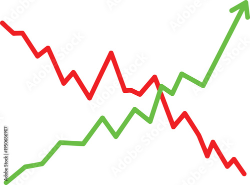 A conceptual line graph showing the intersection of a rising green line and a falling red line Vector