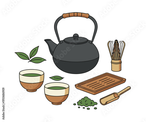 Matcha tea ceremony tools including a cast iron teapot, bamboo whisk, scoop, tray, tea leaves, and bowls of green tea
