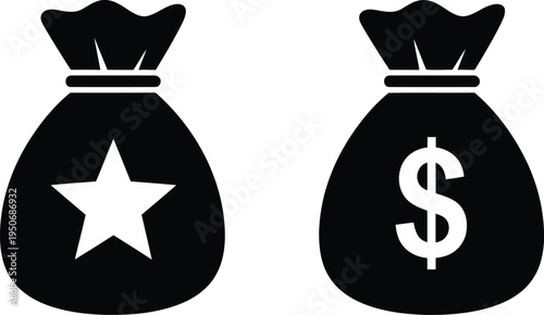 Two black silhouette icons of money bags with a white star and a dollar sign symbol on white Vector