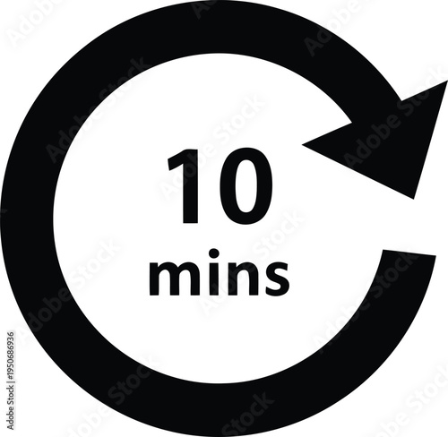 A black circular arrow icon featuring the text 10 mins representing a short time duration interval Vector