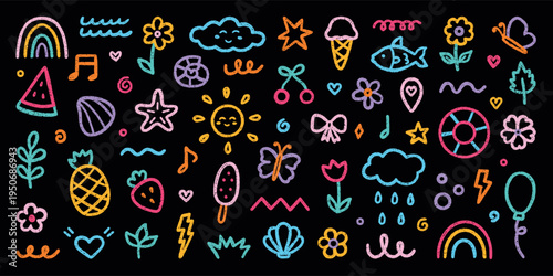 Crayon summer kids icons and chalk kindergarten doodle set. Hand drawn cute vacation elements with pencil texture. Hand drawn childish scribble rainbow, sun, flower, cloud in sketch style
