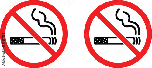 Two identical no smoking signs featuring a black cigarette icon inside a red forbidden circle mark Vector