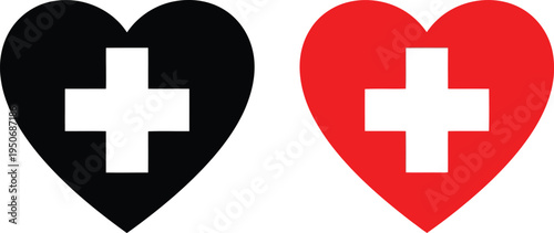 A pair of heart shapes featuring a medical cross symbol in contrasting black and red colors design Vector