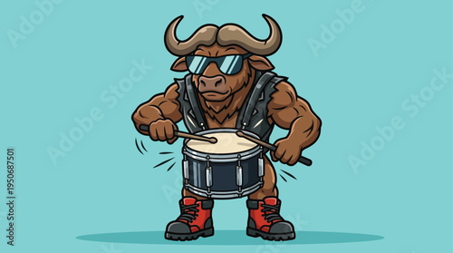 Cool and Muscular Buffalo Mascot Wearing Sunglasses and Leather Vest Playing Snare Drum with Energetic Rhythm