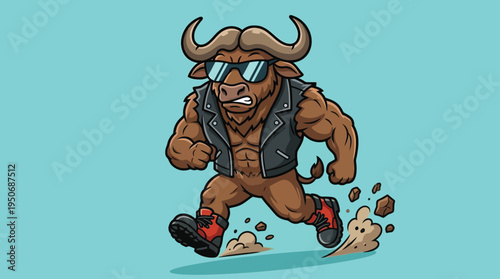 Powerful Cartoon Buffalo Bull Mascot in Sunglasses and Leather Vest Running with Determination and Grit
