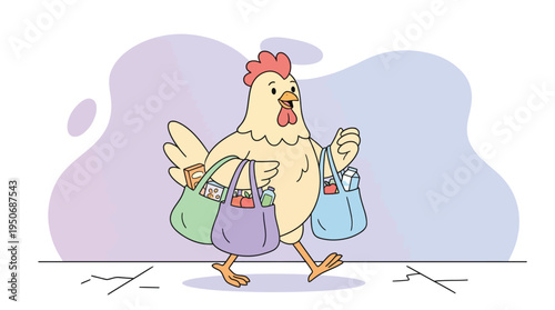 Happy cartoon chicken walking cheerfully, carrying multiple reusable grocery bags filled with fresh produce and essential items.