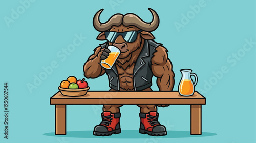 Cool Buffalo Character in Leather Jacket and Sunglasses Drinking Healthy Orange Juice at a Table with Fresh Fruits