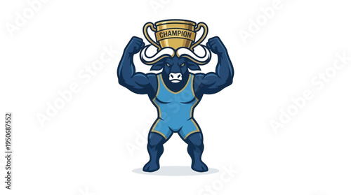 Vibrant Mascot Illustration of a Strong Blue Bull Wrestler Flexing Muscles with a Golden Champion Trophy, Representing Victory and Power
